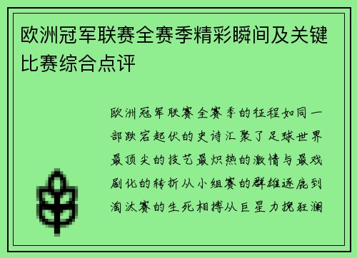 欧洲冠军联赛全赛季精彩瞬间及关键比赛综合点评